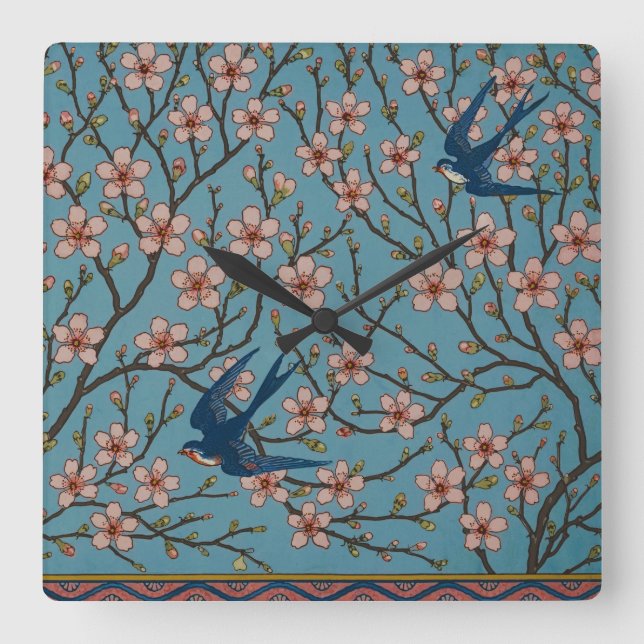 Retro Blue Floral Swallow Pattern by Walter Crane Square Wall Clock (Front)