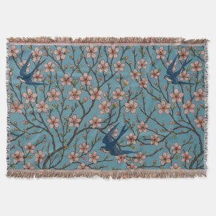 Retro Blue Floral Swallow Pattern by Walter Crane Throw Blanket
