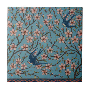 Retro Blue Floral Swallow Pattern by Walter Crane Tile