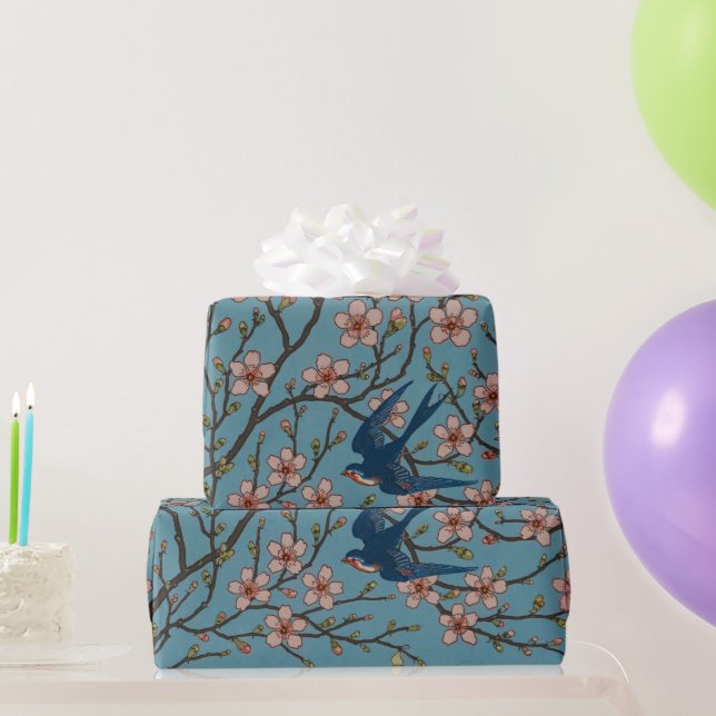 Retro Blue Floral Swallow Pattern by Walter Crane Wrapping Paper (Party Gifts)