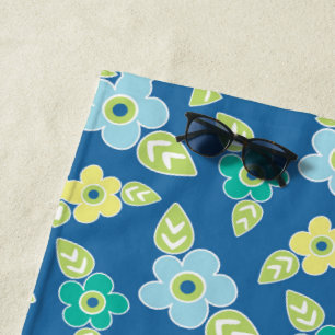 Retro Blue Flowers Pattern Beach Towel