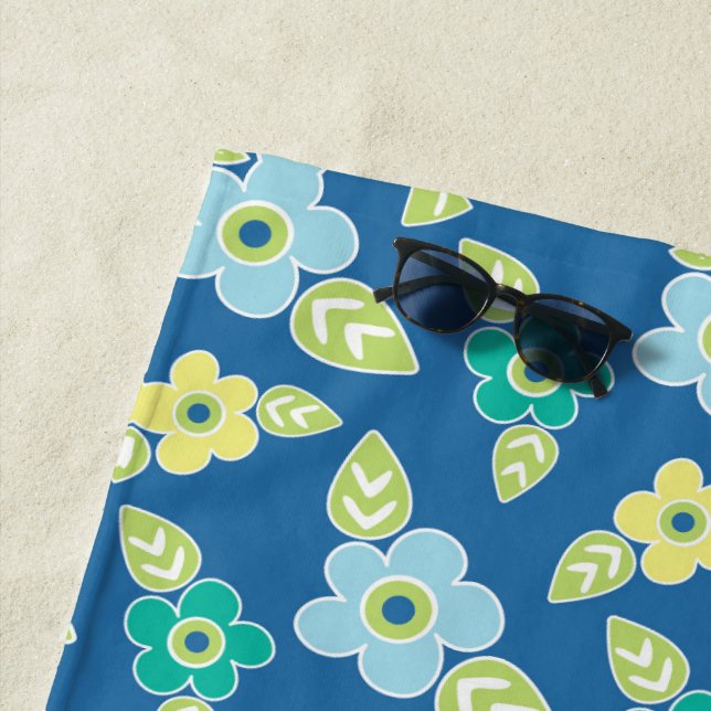 Retro Blue Flowers Pattern Beach Towel (In Situ)