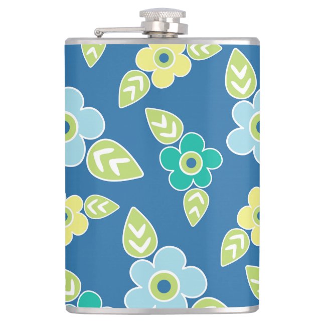 Retro Blue Flowers Pattern Hip Flask (Front)