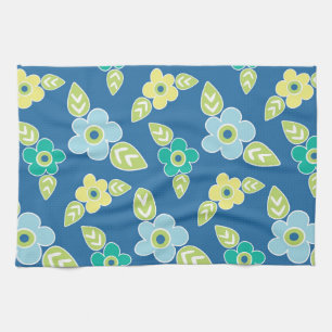 Retro Blue Flowers Tea Towel