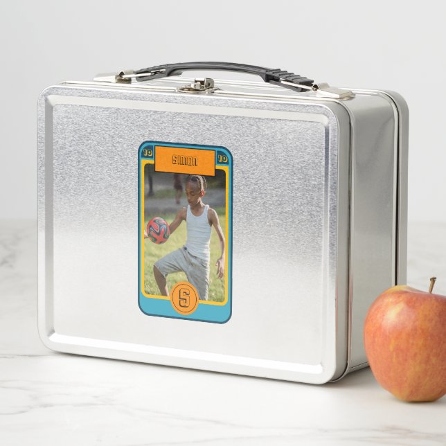 Retro Blue Football Card inspired Personalised Metal Lunch Box (In Situ)