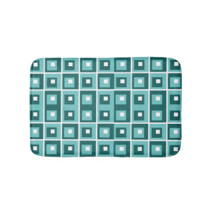 Retro Blue Geometric Squares Pattern Bath Mat