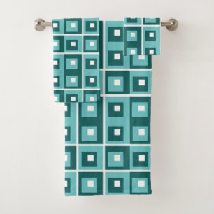 Retro Blue Geometric Squares Pattern Bath Towel Set