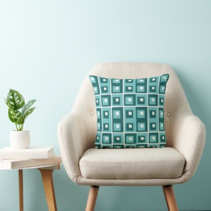 Retro Blue Geometric Squares Pattern Cushion
