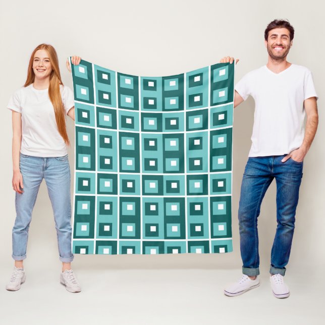 Retro Blue Geometric Squares Pattern Fleece Blanket (In Situ)