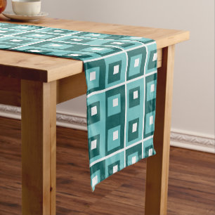 Retro Blue Geometric Squares Pattern Medium Table Runner