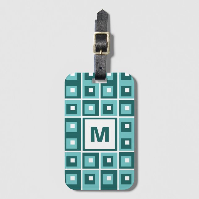 Retro Blue Geometric Squares Pattern Monogram Luggage Tag (Front Vertical)