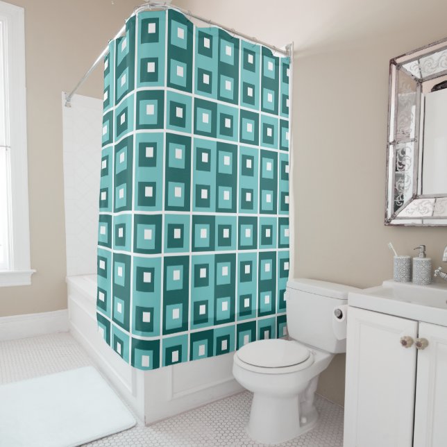 Retro Blue Geometric Squares Pattern Shower Curtain (In Situ)