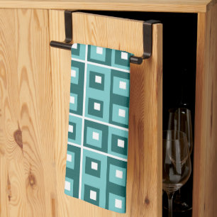 Retro Blue Geometric Squares Pattern Tea Towel