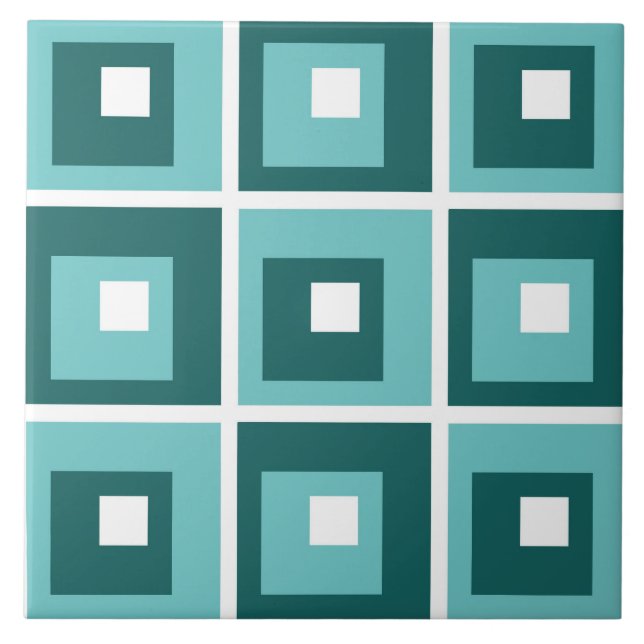Retro Blue Geometric Squares Pattern Tile (Front)