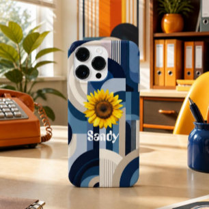 Retro Blue Geometric Sunflower iPhone Case