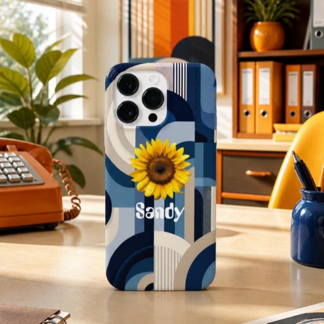 Retro Blue Geometric Sunflower iPhone Case (Creator Uploaded)