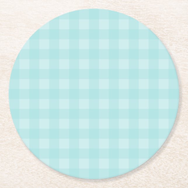 Retro Blue Gingham Chequered Pattern Background Round Paper Coaster (Front)