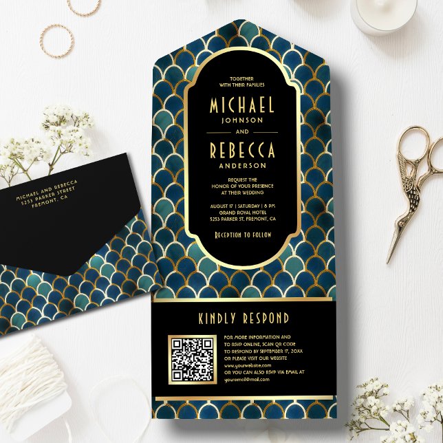 Retro Blue Gold Scales Art Deco QR Code Wedding All In One Invitation (Creator Uploaded)