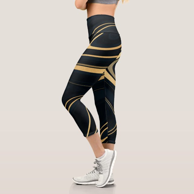 Retro Blue Gold Swirl Liquid Painting Design Capri Leggings (Left)
