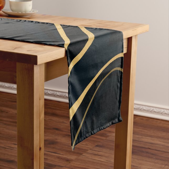 Retro Blue Gold Swirl Liquid Painting Design Short Table Runner (In Situ)
