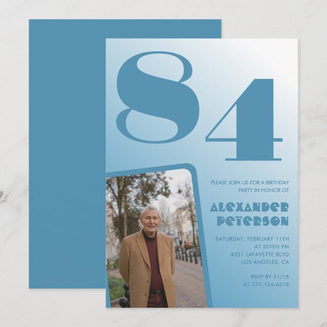 Retro Blue Gradient Photo 84th birthday Invitation (Front/Back)