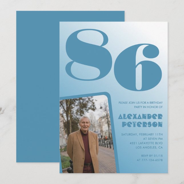 Retro Blue Gradient Photo 86th birthday Invitation (Front/Back)