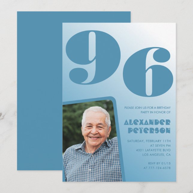 Retro Blue Gradient Photo 96th birthday Invitation (Front/Back)