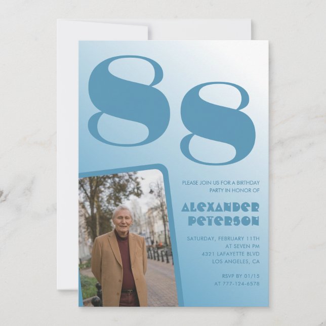 Retro Blue Gradient Photo Men 88th birthday Invitation (Front)
