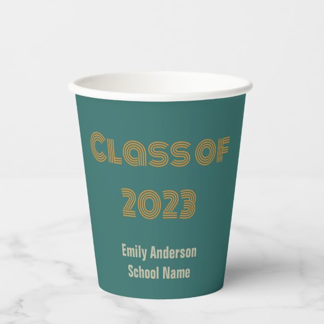 Retro Blue-Green and Orange Graduation Paper Cups (Front)