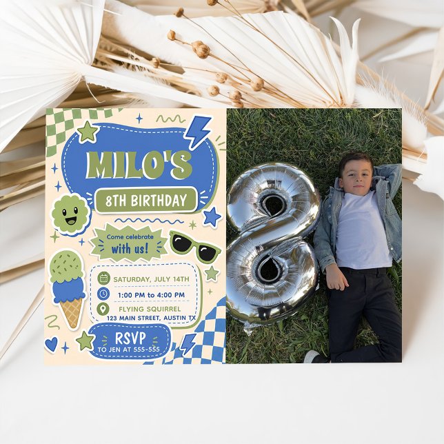 Retro Blue Green Boy Birthday  Invitation (Creator Uploaded)
