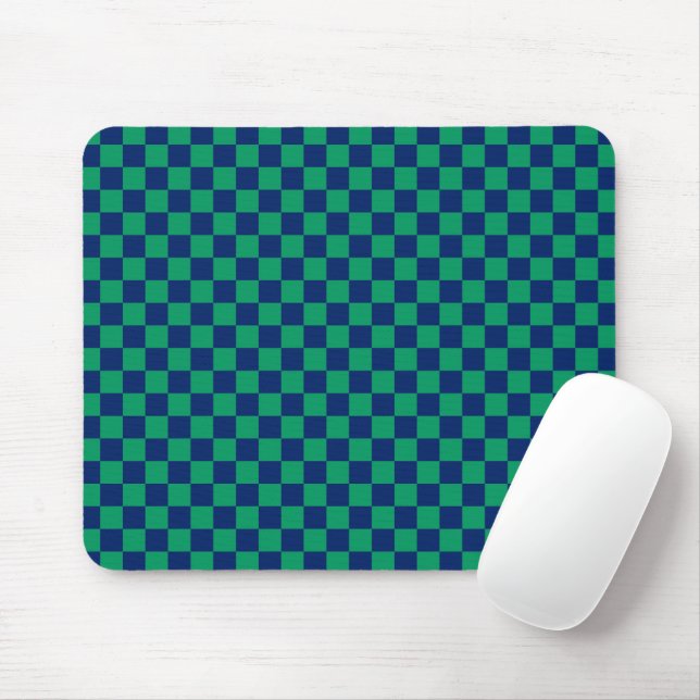 Retro Blue Green Checks Chequered  Mouse Mat (With Mouse)