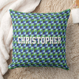 Retro Blue & Green Geometric Triangle Abstract Cushion