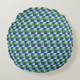 Retro Blue & Green Geometric Triangle Abstract Round Cushion