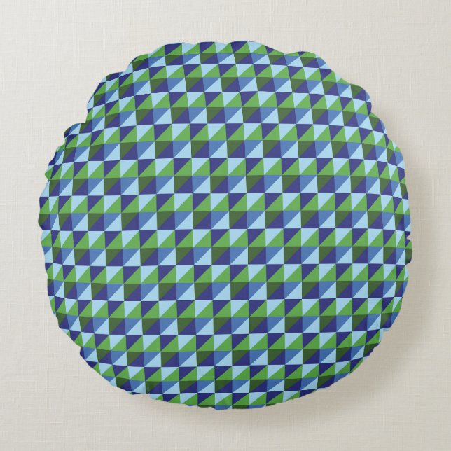 Retro Blue & Green Geometric Triangle Abstract Round Cushion (Front)
