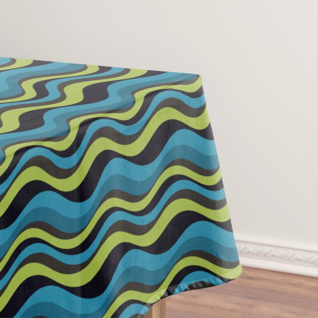 Retro Blue Green Grey Sea Waves Pattern Tablecloth (In Situ)