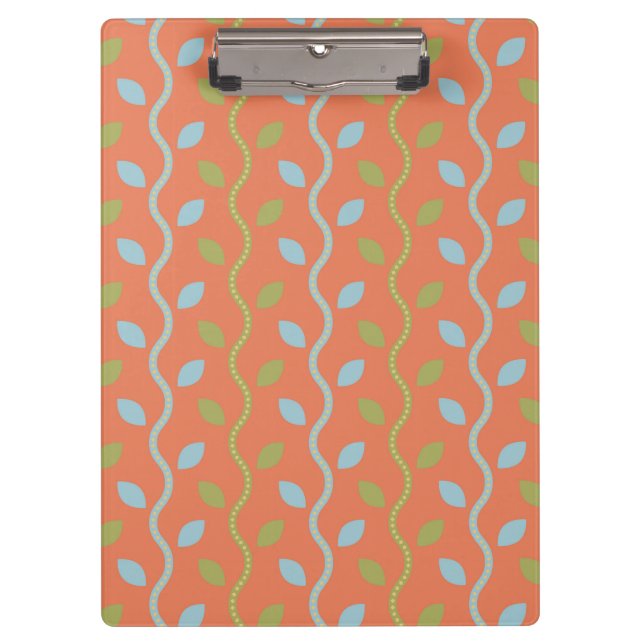 Retro Blue & Green Vines on Orange Floral Pattern Clipboard (Front)