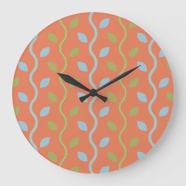 Retro Blue & Green Vines on Orange Floral Pattern Large Clock (Front)