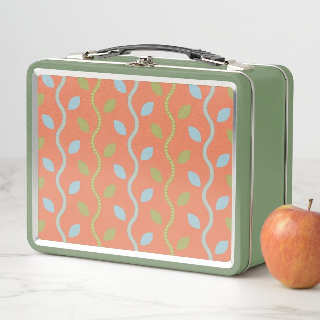 Retro Blue & Green Vines on Orange Floral Pattern Metal Lunch Box (In Situ)