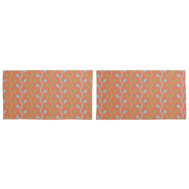 Retro Blue & Green Vines on Orange Floral Pattern Pillowcase (Front-Set)