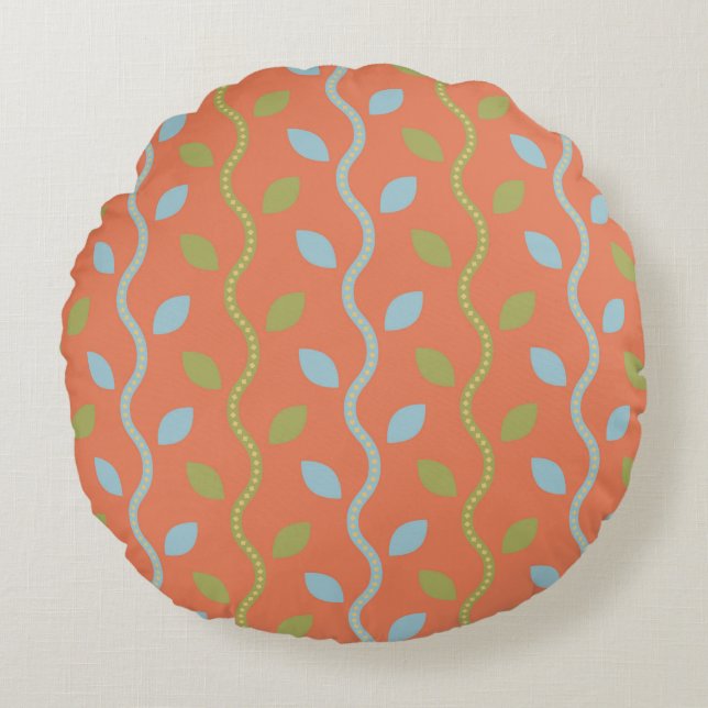Retro Blue & Green Vines on Orange Floral Pattern Round Cushion (Front)