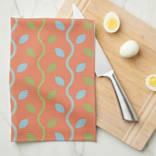 Retro Blue & Green Vines on Orange Floral Pattern Tea Towel