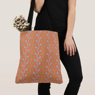 Retro Blue & Green Vines on Orange Floral Pattern Tote Bag