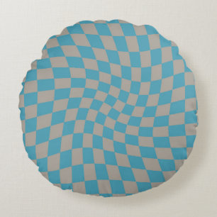 Retro Blue Grey Checks Warped Chequered Round Cushion