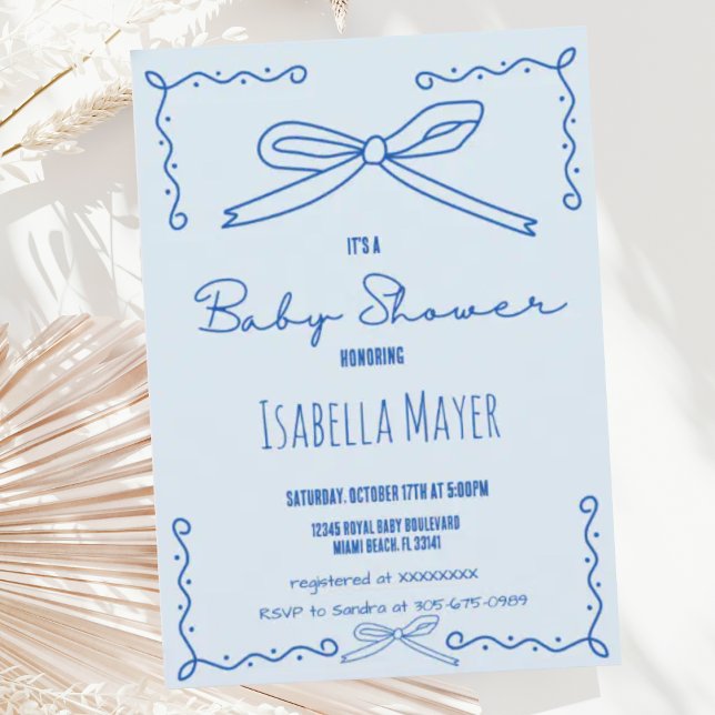 Retro Blue Hand Drawn Bow Baby Shower Invitation (Creator Uploaded)
