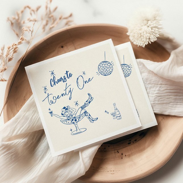 Retro Blue Hand Drawn Coastal Cow Girl Birthday  Napkin (Creator Uploaded)