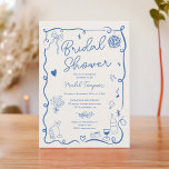 Retro blue hand drawn illustrated bridal shower invitation<br><div class="desc">Celebrate love in style with our charming Retro French blue and beige Bridal Shower Invitation! This hand-drawn illustrated vintage French design exudes elegance and whimsy, featuring delicate squiggles, wavy edge frames, and intricate sketches of food and drinks, including wine glasses, cocktails, and delectable treats. The heartwarming details and hand-written font...</div>