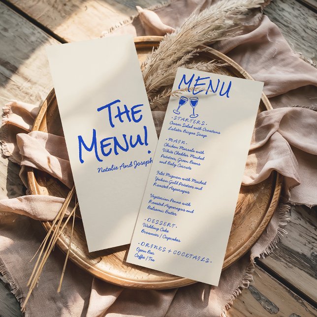 Retro Blue Hand Written Drawn Wine Wedding Menu  (Creator Uploaded)