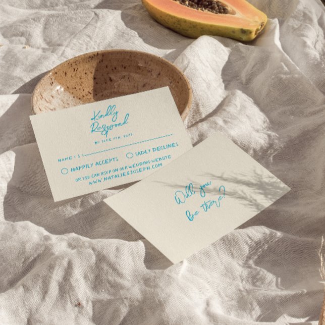 Retro Blue Hand Written Fun Bold Wedding RSVP Card (Creator Uploaded)