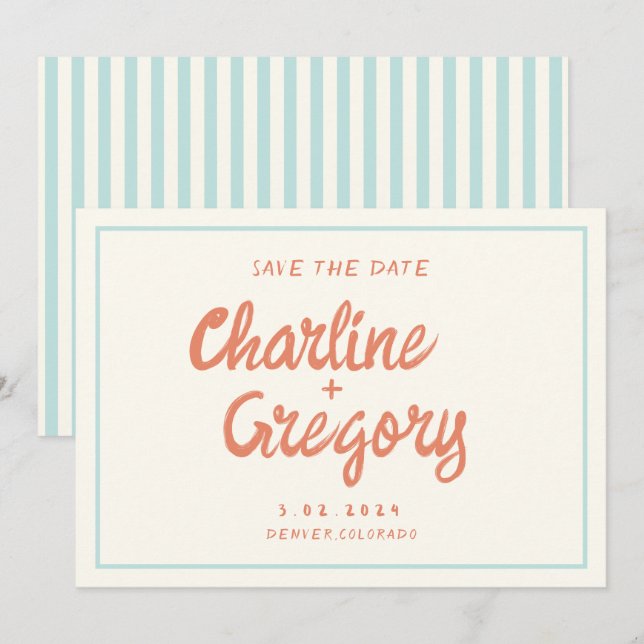 Retro Blue Handwriting Wedding Save the Date Invitation (Front/Back)
