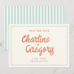 Retro Blue Handwriting Wedding Save the Date Invitation
